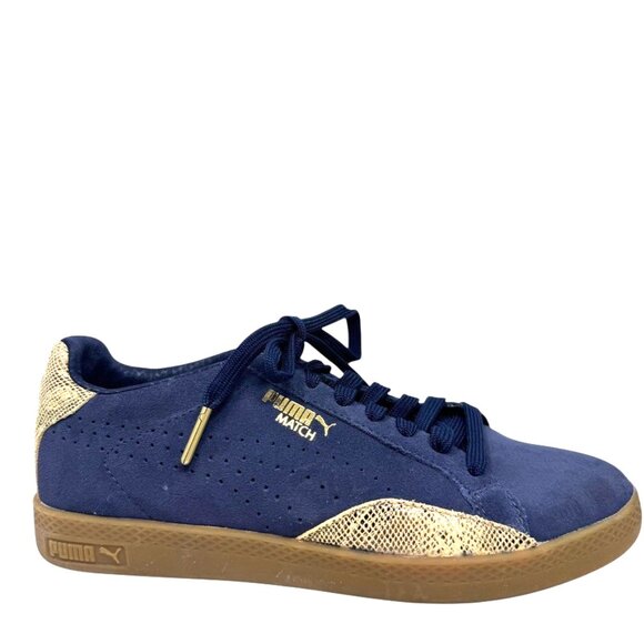 Puma Match Sneakers Women’s Size 7 Navy Suede Gold Snake Detail Gum Sole - Picture 7 of 13